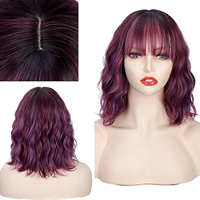 DILLARDS Longbest Short Light Brown Wave Wigs For Women Nature Wave Bob Wig With Bangs Heat Resistant Wig Extensions Cosplay&Charming Daily Use 12Inch Breathable (12Inch:Purple) - Image 1